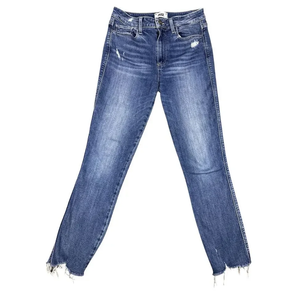 Paige Hoxton Ankle Skinny Jeans Size 30 Distressed Raw Hem Blue Denim